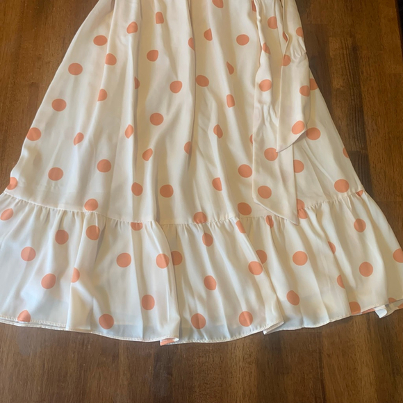 Lauren Conrad Dress Large White Peach Polka Dots Faux Wrap MIDI Flutter Sleeves - Picture 2 of 11